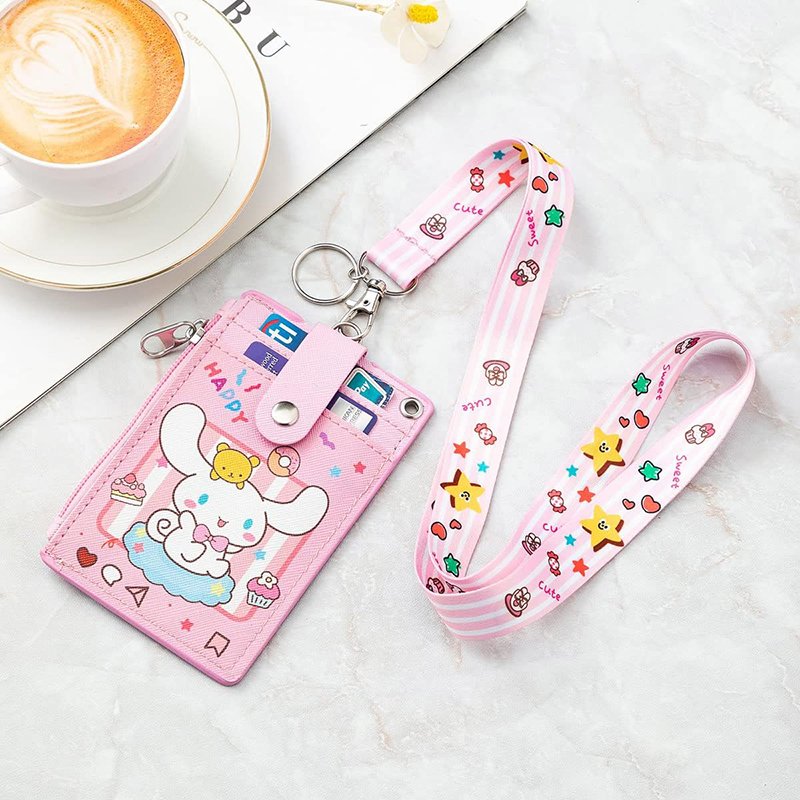 2-Sided 5 Card Slots Zippered Pocket Keychain Cinnamoroll Dog PU Leather ID Card Wallet Vertical Badge Holder