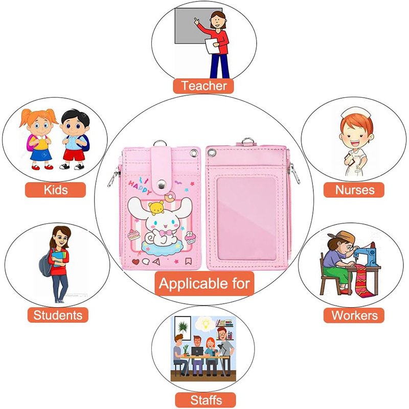 2-Sided 5 Card Slots Zippered Pocket Keychain Cinnamoroll Dog PU Leather ID Card Wallet Vertical Badge Holder