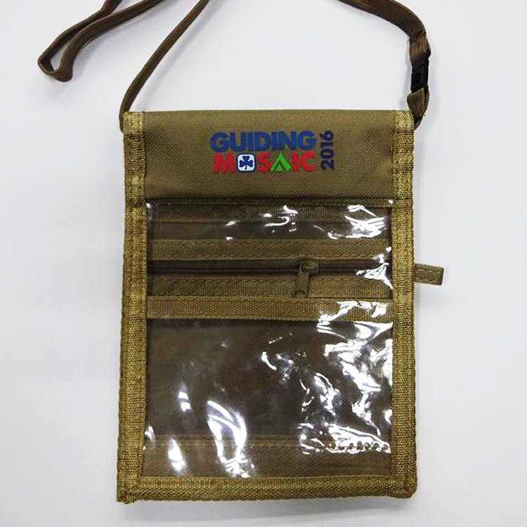 Double Zip 600D Nylon Olive Badge Holder Neck Wallet With Neck Cord