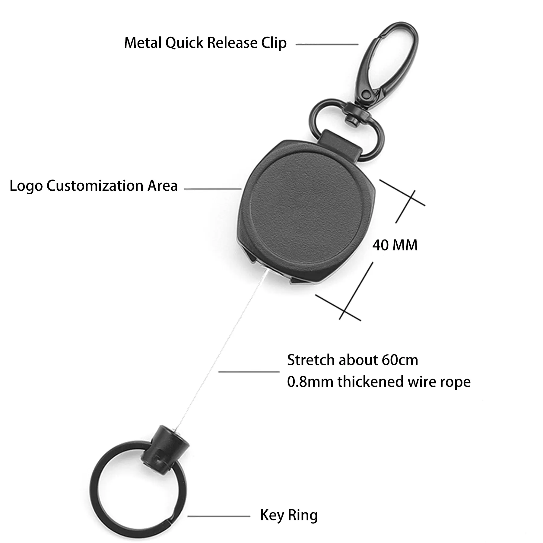 P-027 4CM Custom Logo Heavy Duty Plastic Black Badge Reel with Retractable Keychain Holder 24.4in Wire Rope
