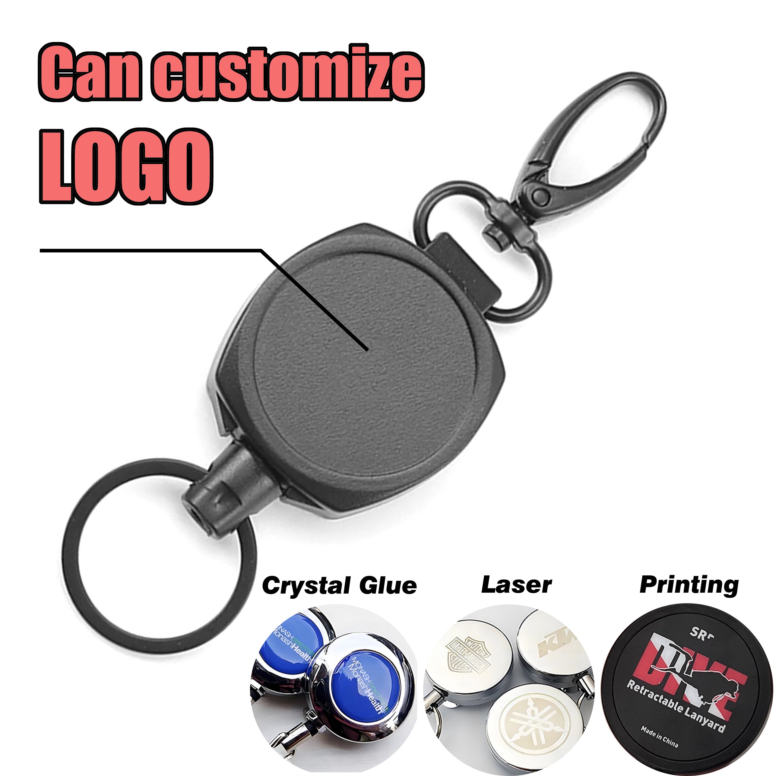 P-027 4CM Custom Logo Heavy Duty Plastic Black Badge Reel with Retractable Keychain Holder 24.4in Wire Rope