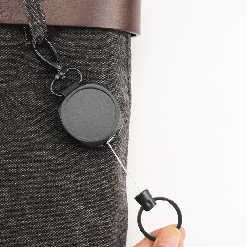 P-027 4CM Custom Logo Heavy Duty Plastic Black Badge Reel with Retractable Keychain Holder 24.4in Wire Rope