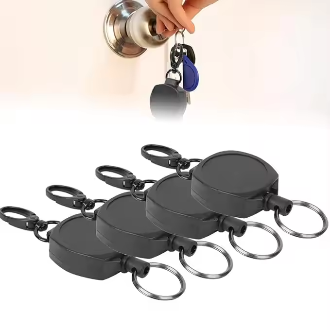 P-027 4CM Custom Logo Heavy Duty Plastic Black Badge Reel with Retractable Keychain Holder 24.4in Wire Rope