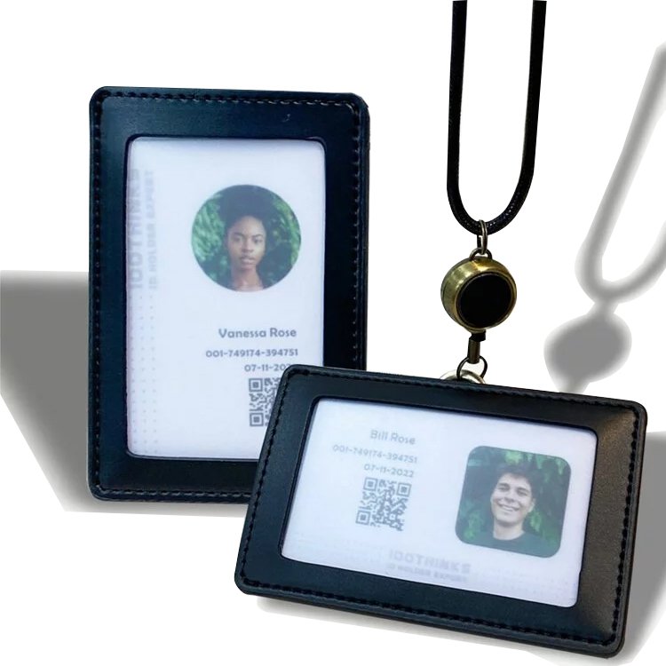 Customizable Classic Leather ID Card Badge Reel Holder Plastic Photo & Credit Card with Personalized Logo Great Gift Idea