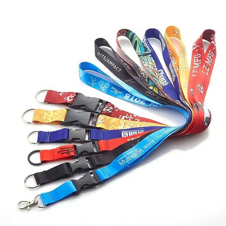Custom Color Thermal Printed Heat Transfer Logo Polyester ID Badge Lanyard with Metal Swivel Hook and Plastic Detachable Buckle