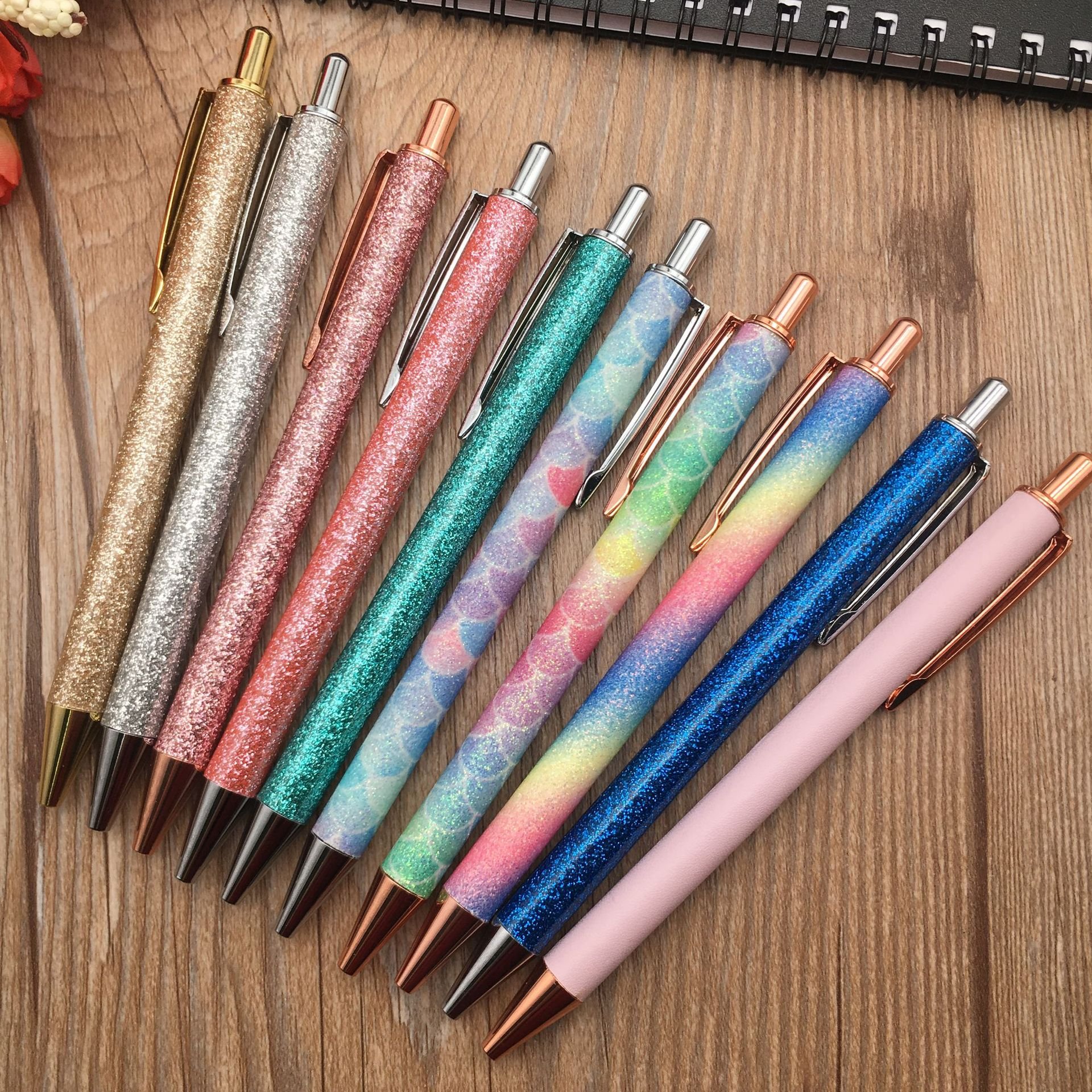 Colorful Bling Retractable Ballpoint Pen Glitter Wrap Resin Epoxy Custom Logo Metal Ink Pencil Perfect Wedding Gift