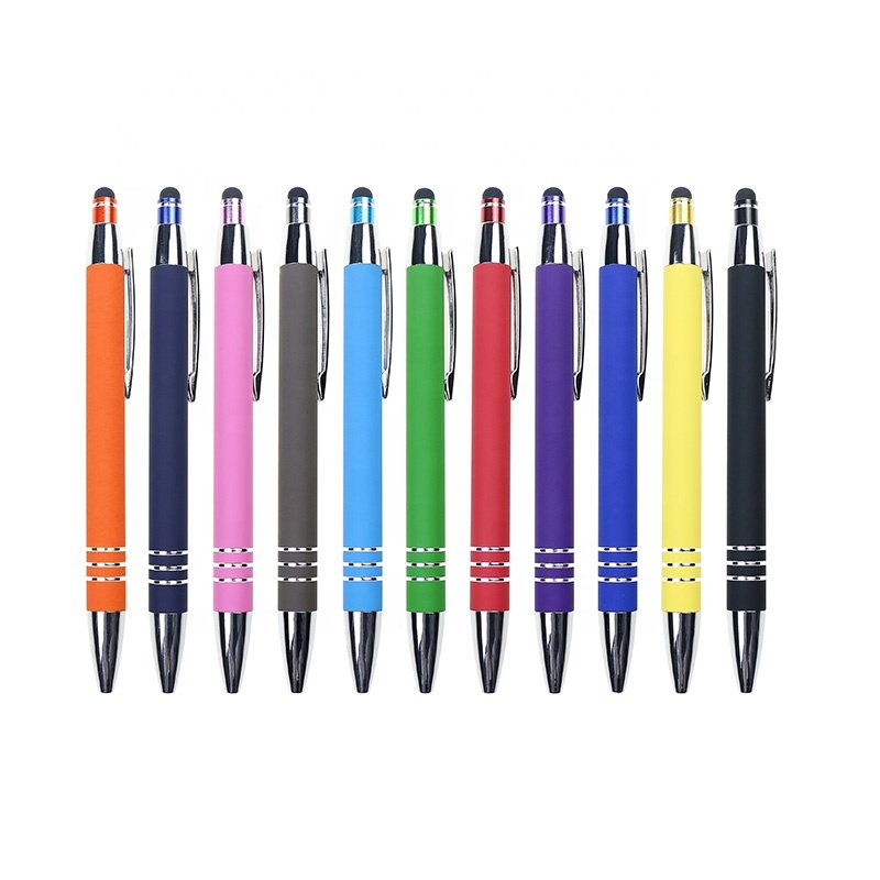 BECOL High Quality Multi Colors Soft Touch Pen Custom Logo Rubber Coated Metal Ball Pen with Stylus for Promotion