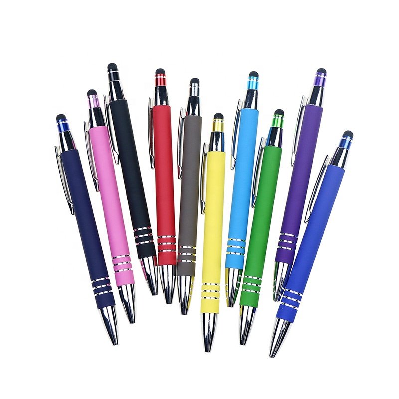 BECOL High Quality Multi Colors Soft Touch Pen Custom Logo Rubber Coated Metal Ball Pen with Stylus for Promotion