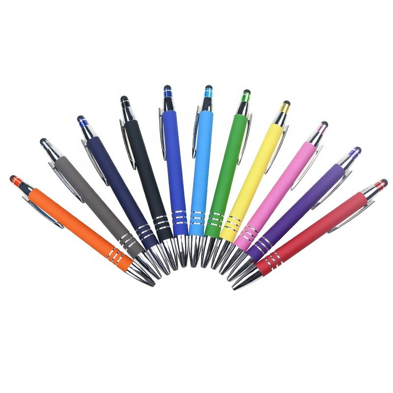 BECOL High Quality Multi Colors Soft Touch Pen Custom Logo Rubber Coated Metal Ball Pen with Stylus for Promotion