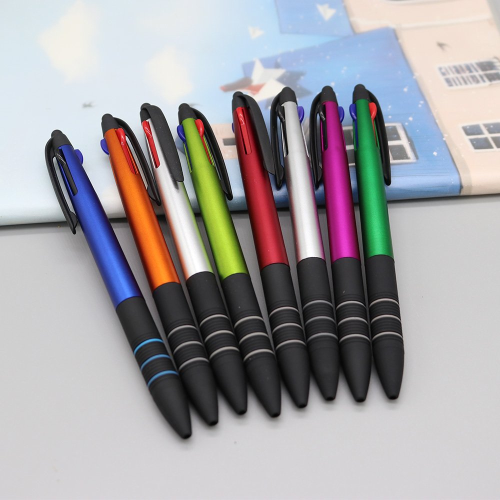promotional custom logo soft grip multi 3 colors black blue red plastic ballpoint pens with stylus