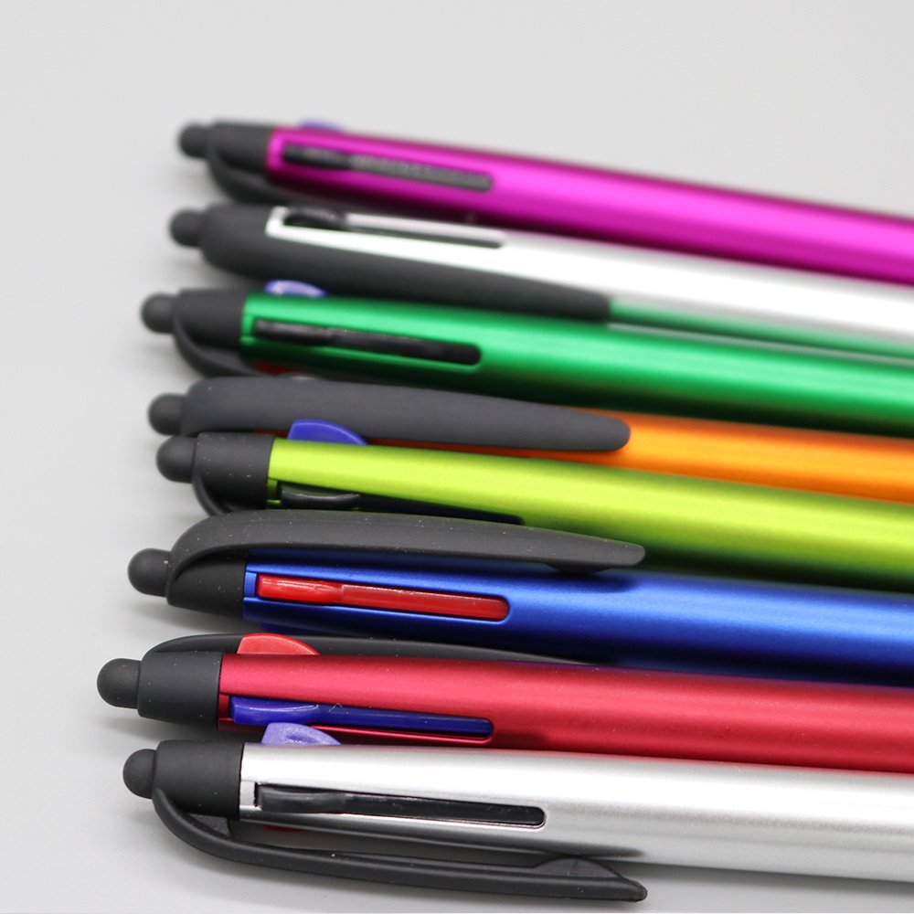 promotional custom logo soft grip multi 3 colors black blue red plastic ballpoint pens with stylus