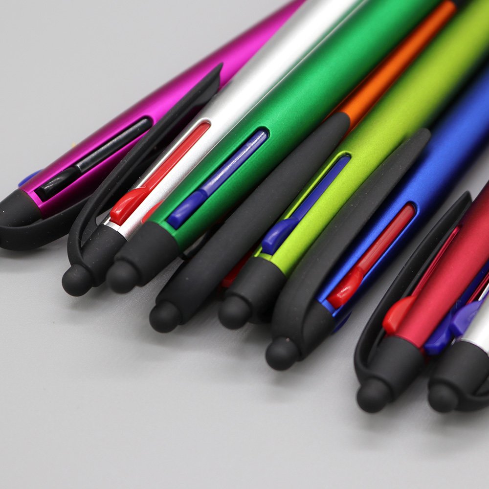 promotional custom logo soft grip multi 3 colors black blue red plastic ballpoint pens with stylus