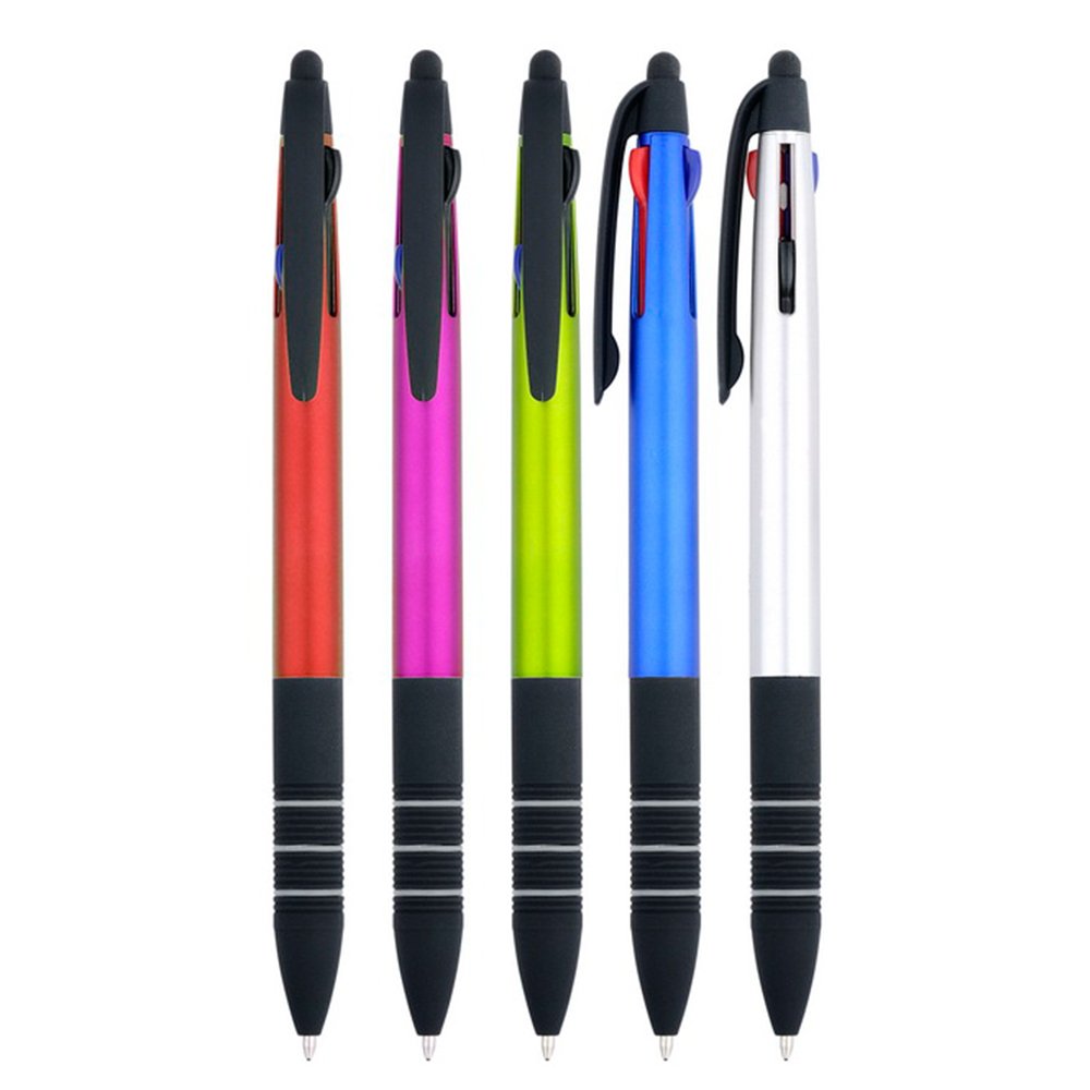 promotional custom logo soft grip multi 3 colors black blue red plastic ballpoint pens with stylus