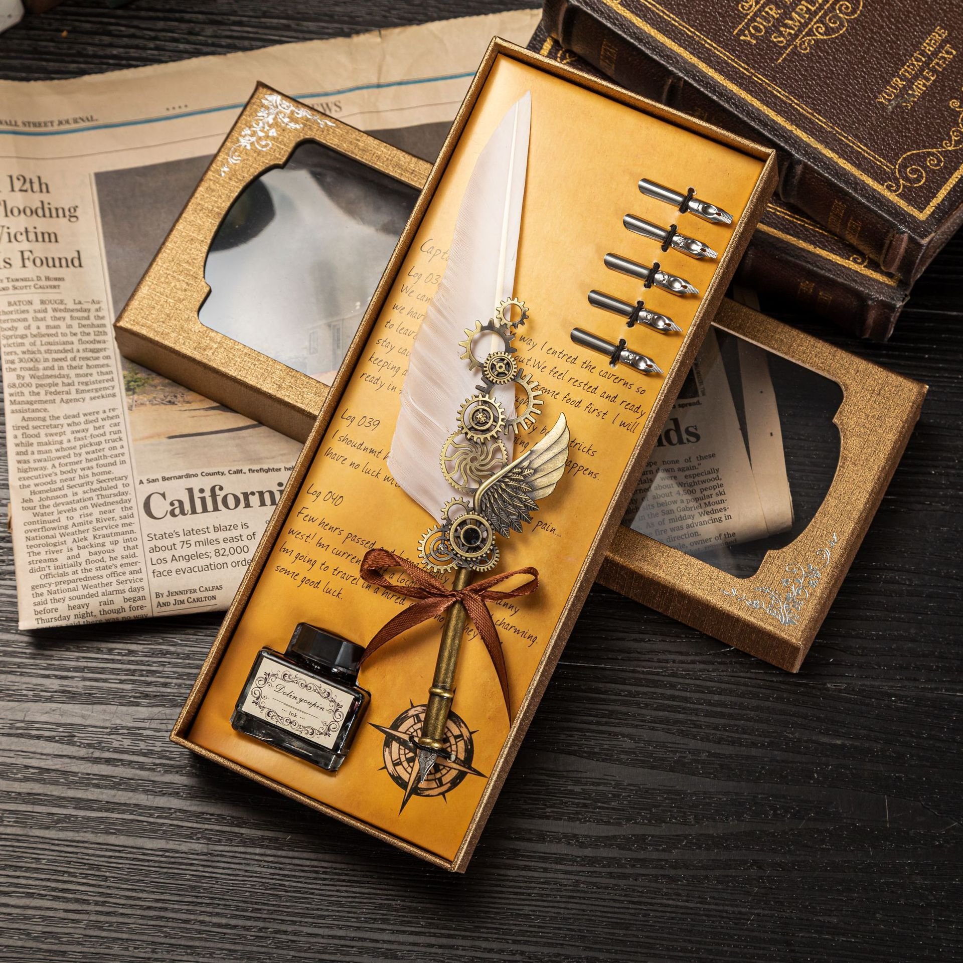 Retro mechanical calligraphy Feather Pen and Ink Set Glittering Quill Pen Set Antique Calligraphy Dip Pen with Ink