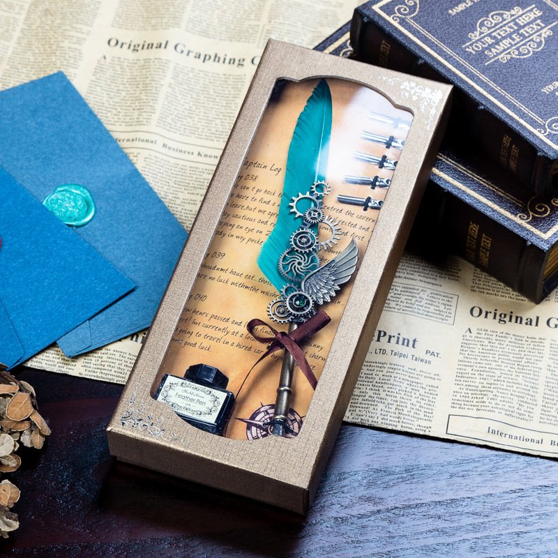 Retro mechanical calligraphy Feather Pen and Ink Set Glittering Quill Pen Set Antique Calligraphy Dip Pen with Ink