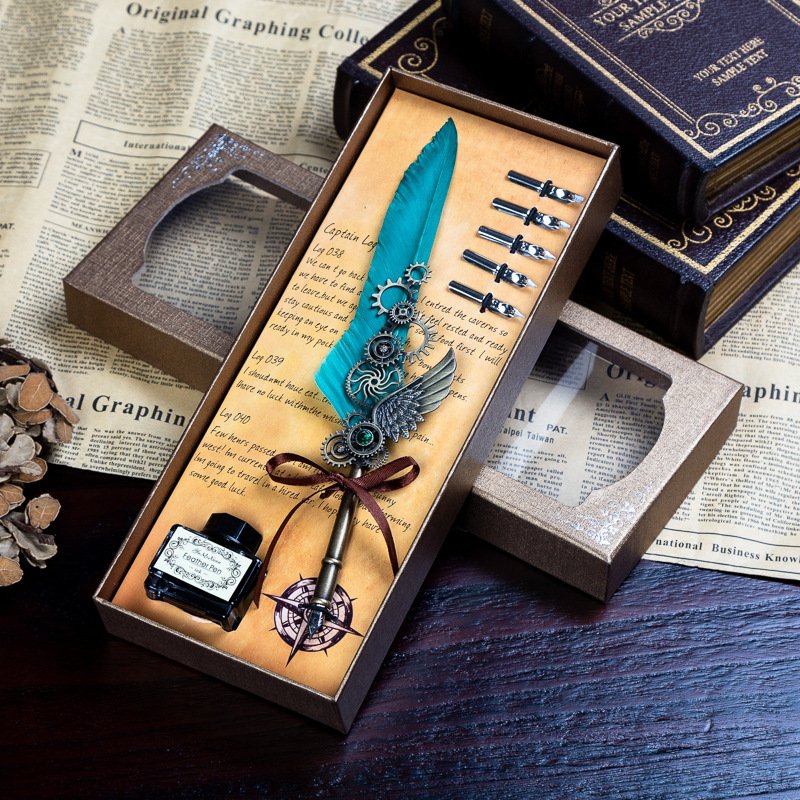 Retro mechanical calligraphy Feather Pen and Ink Set Glittering Quill Pen Set Antique Calligraphy Dip Pen with Ink