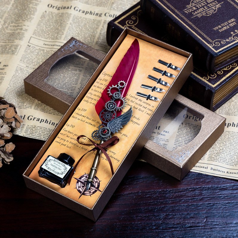 Retro mechanical calligraphy Feather Pen and Ink Set Glittering Quill Pen Set Antique Calligraphy Dip Pen with Ink