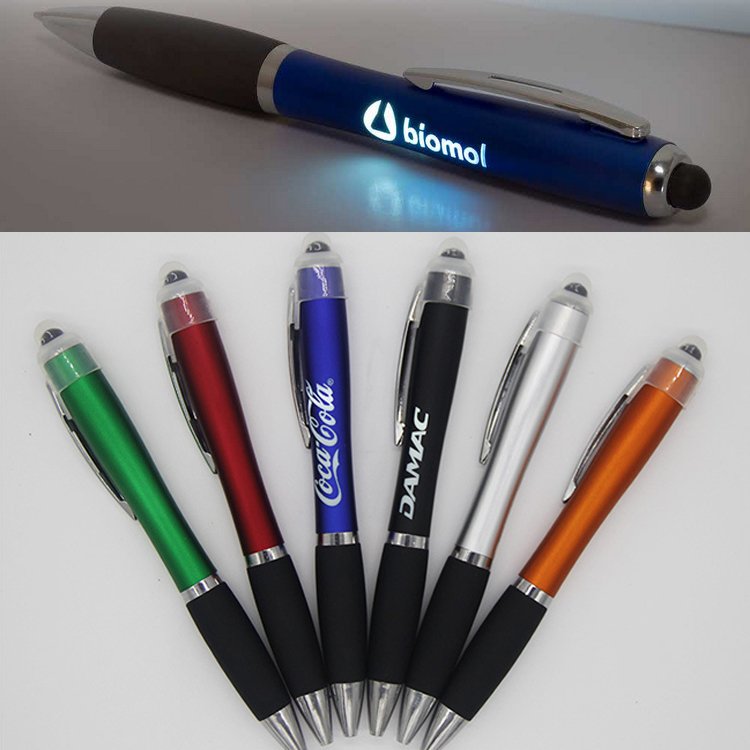 classic customized led laser logo light up pen 3 in 1 stylus pens with rubber grip laser engraved custom logo ballpoint pen