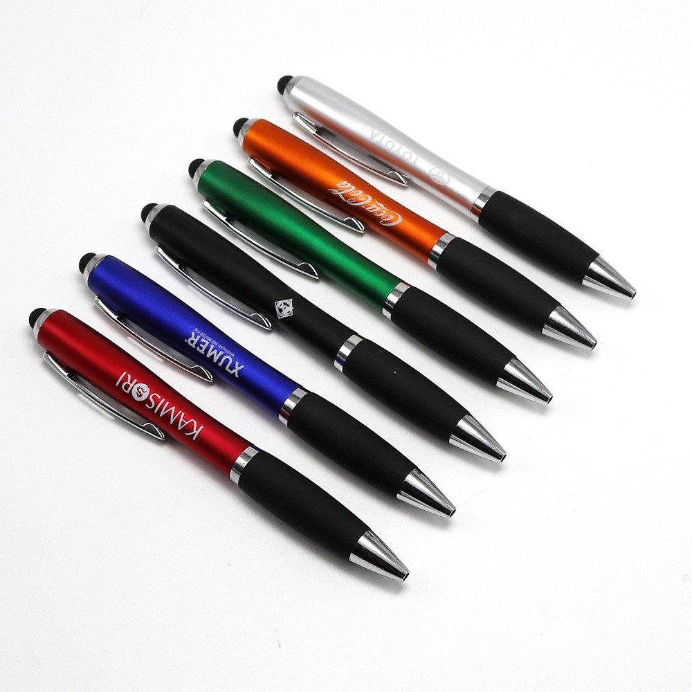 classic customized led laser logo light up pen 3 in 1 stylus pens with rubber grip laser engraved custom logo ballpoint pen