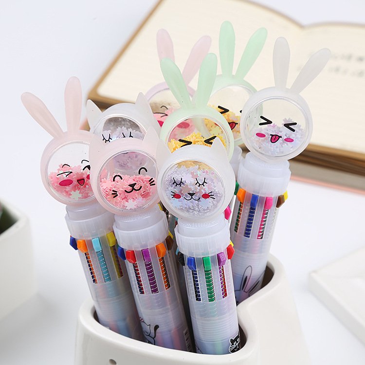Press the glitter ten color ballpoint pen cute rabbit cat butterfly colored oil pen student multi-color hand account pen
