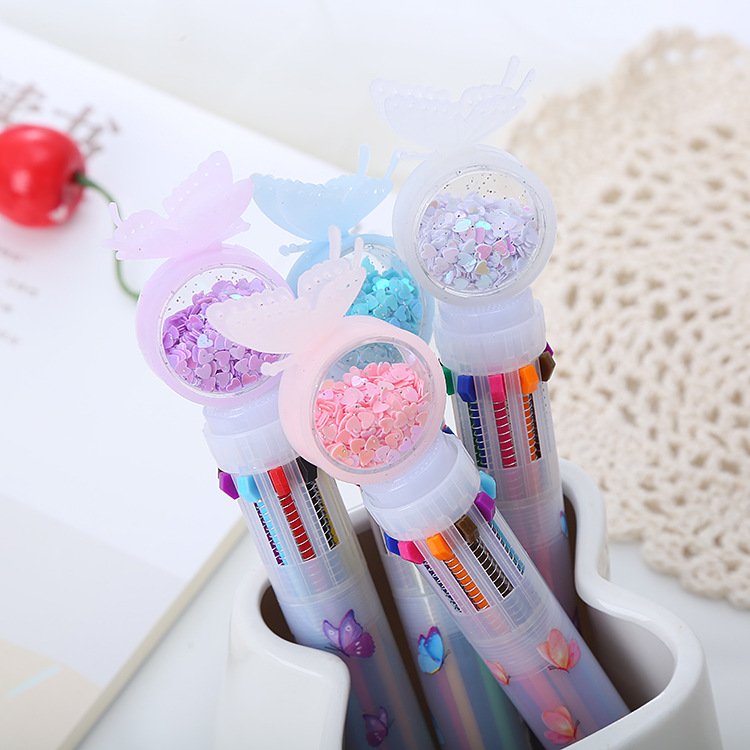Press the glitter ten color ballpoint pen cute rabbit cat butterfly colored oil pen student multi-color hand account pen