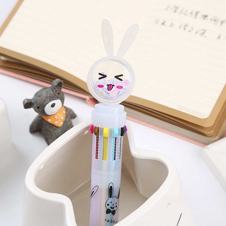 Press the glitter ten color ballpoint pen cute rabbit cat butterfly colored oil pen student multi-color hand account pen