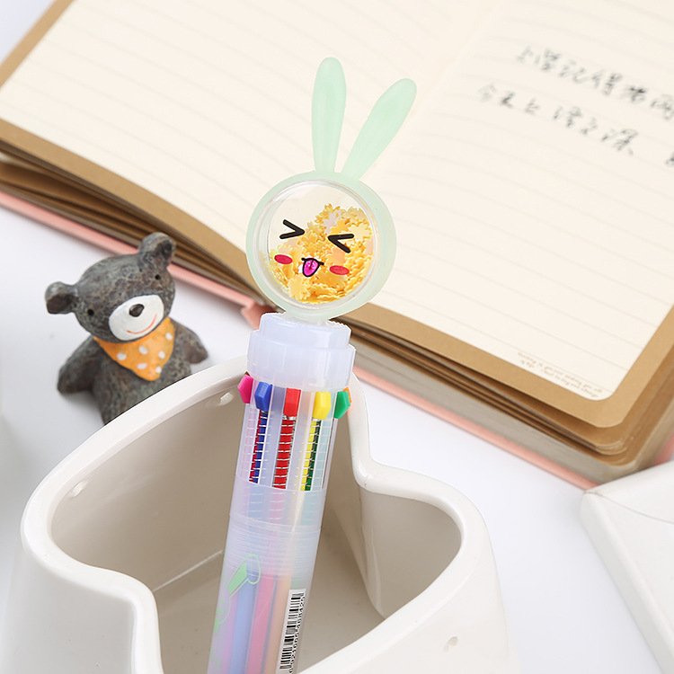 Press the glitter ten color ballpoint pen cute rabbit cat butterfly colored oil pen student multi-color hand account pen