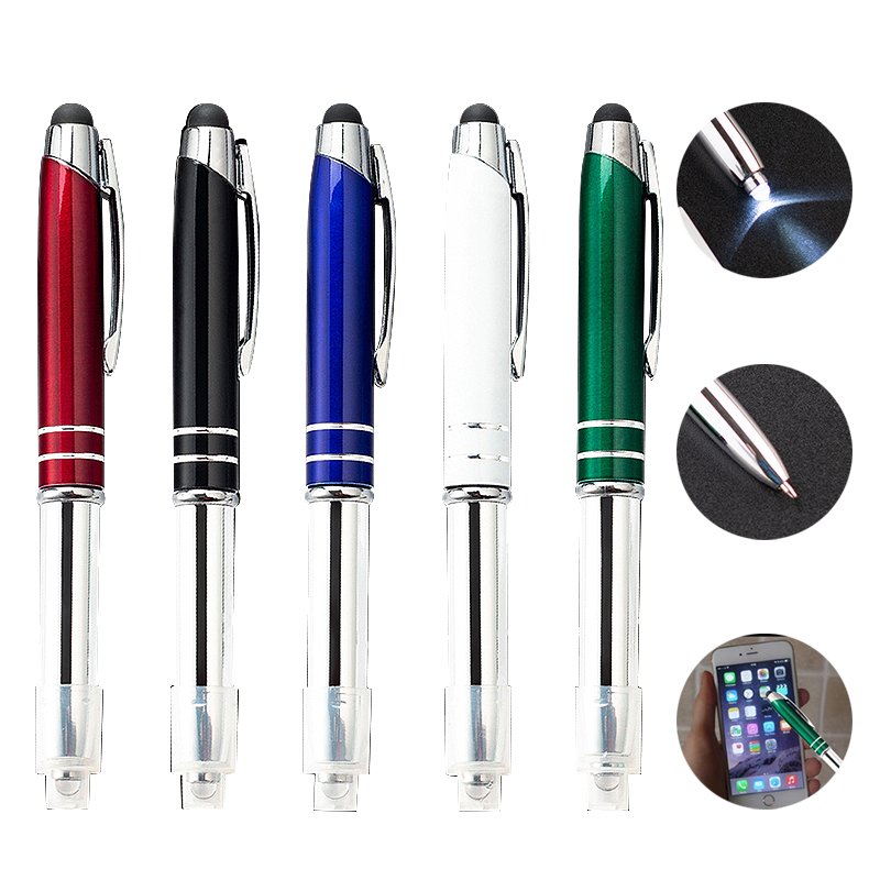 Wholesale 3 in 1 multifunctional touch screen ballpoint pen LED light printable logo metal light pen