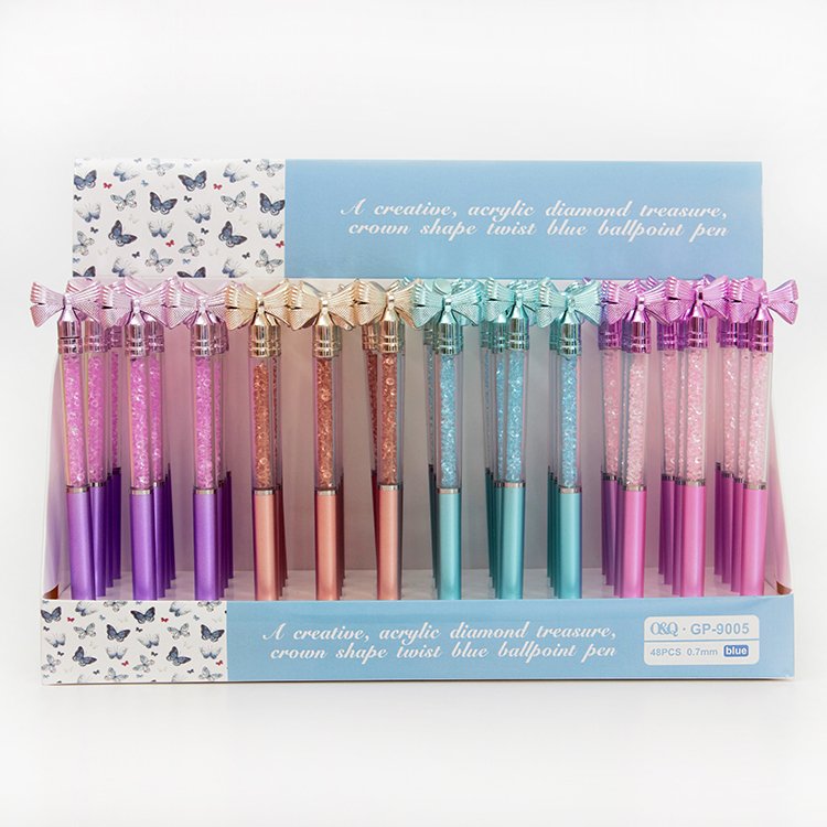 O&Q Luxury gift Beautiful bow shape ball pens factory price with shiny glitter crushed diamonds for stationary