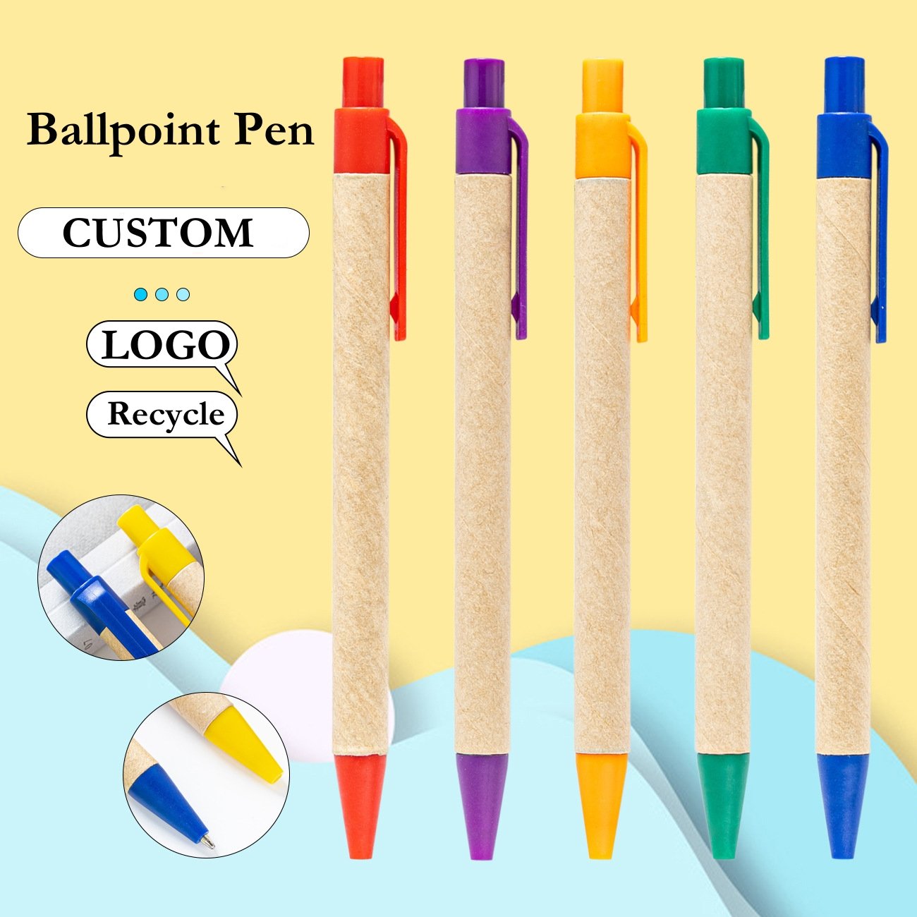 Customized Recycled Kraft paper Eco friendly Ballpoint pen cardboard Customizable Retractable ball point logo pen for Promotion