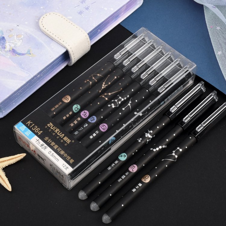 X1028-2 12 Constellation Erasable Gel Pen Set Suitable For Primary School Students, Promotional Ink Pen 0.5MM Black And Blue Pen
