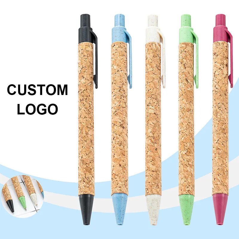 Customer logo ecological recycled eco logo pen wheat straw material cork pen eco ballpoint pen