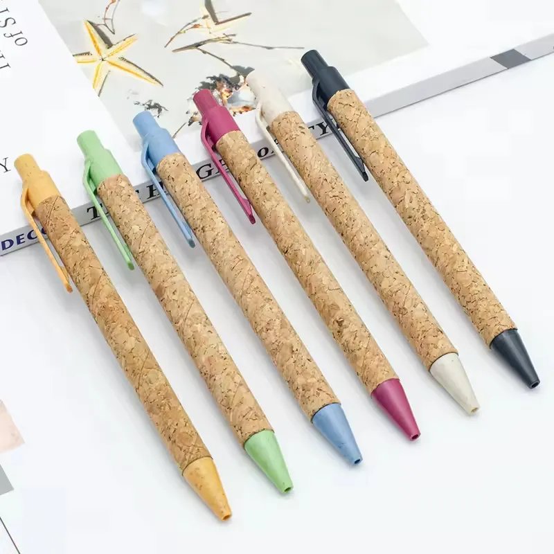 Customer logo ecological recycled eco logo pen wheat straw material cork pen eco ballpoint pen