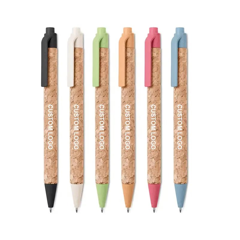 Customer logo ecological recycled eco logo pen wheat straw material cork pen eco ballpoint pen