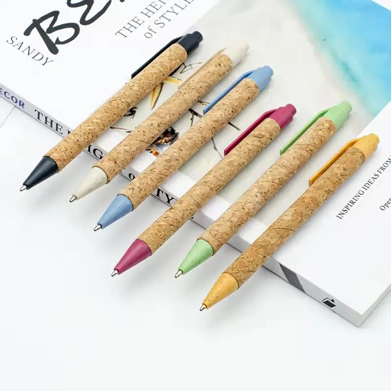 Customer logo ecological recycled eco logo pen wheat straw material cork pen eco ballpoint pen