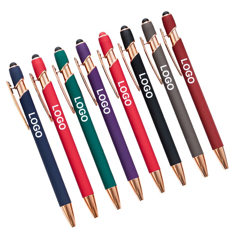 customized engraved Laser Logo 0.5mm Touch Stylus pens Rubber Rose Gold Clip Black ink ball custom logo ballpoint Pen