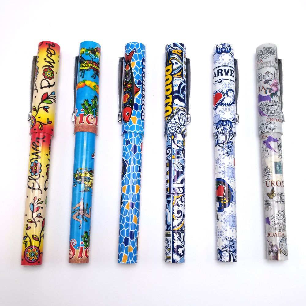 2024 cheap plastic ball pen full barrel heat transfer printing wrap custom pattern printed pen with custom's colour logo