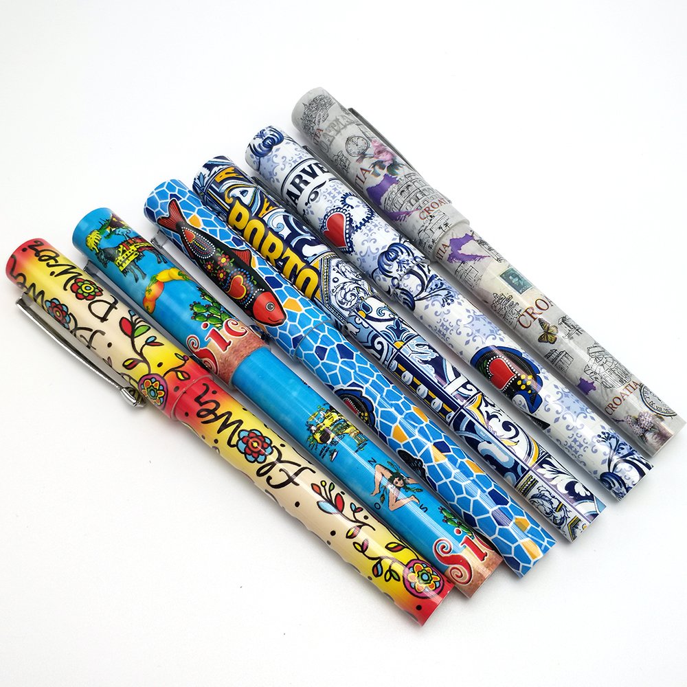 2024 cheap plastic ball pen full barrel heat transfer printing wrap custom pattern printed pen with custom's colour logo