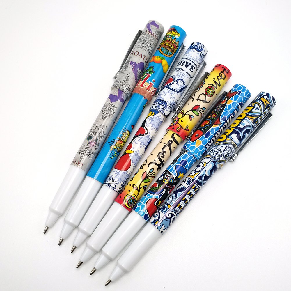 2024 cheap plastic ball pen full barrel heat transfer printing wrap custom pattern printed pen with custom's colour logo