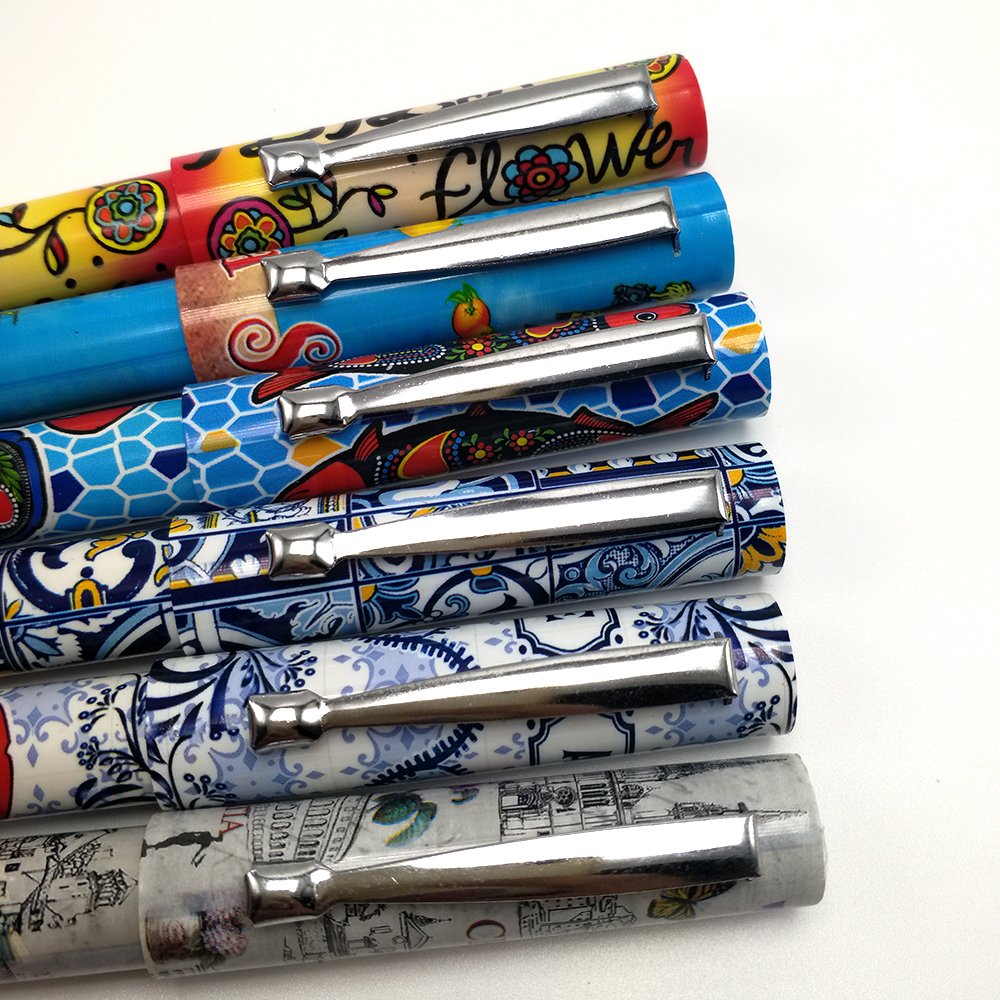 2024 cheap plastic ball pen full barrel heat transfer printing wrap custom pattern printed pen with custom's colour logo