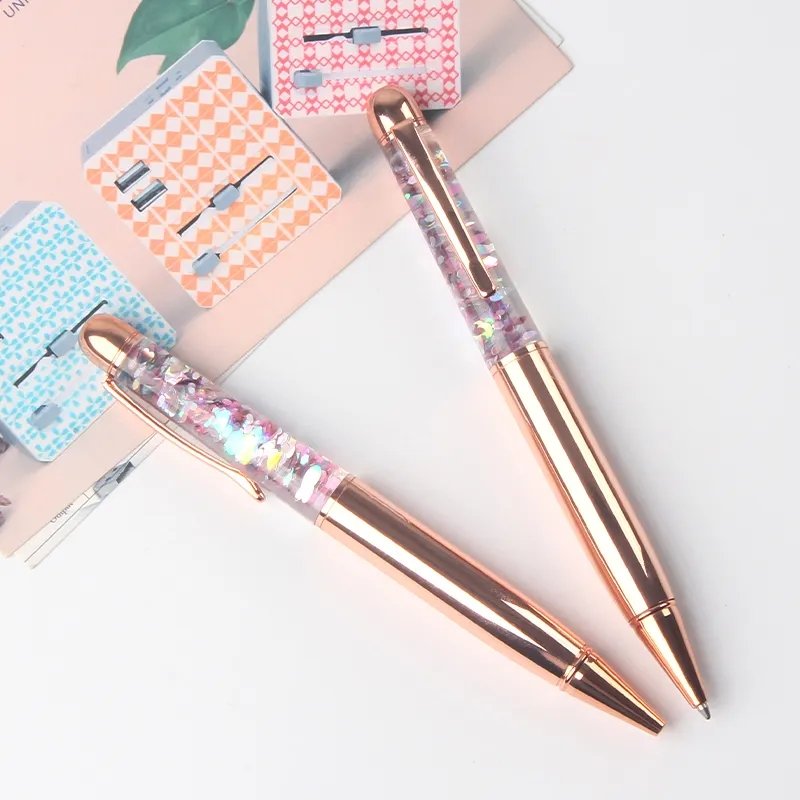Rose Gold Pen Kawaii luxury Crystal Ballpoint Pen For School Office Flow Oil Crystal Gold Foil Metal Gift Pens Writing 0.7mm