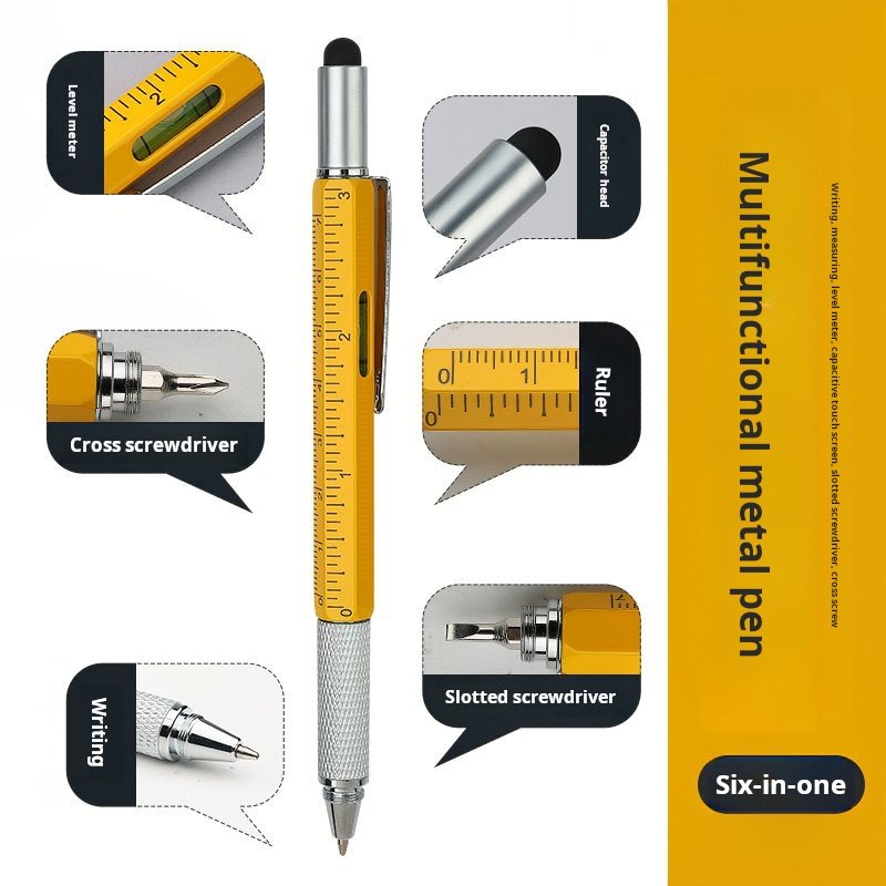 X923-1 6 In 1 Multifunction Ballpoint Pen Multi Color Tech Tool Pen Metal Stylus Ball Pen With Level And Screwdrivers