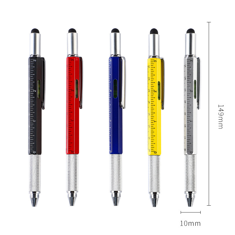 X923-1 6 In 1 Multifunction Ballpoint Pen Multi Color Tech Tool Pen Metal Stylus Ball Pen With Level And Screwdrivers