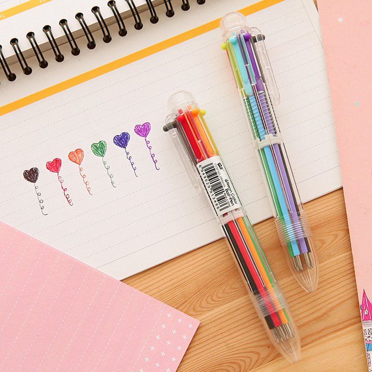 Creative Cute Cartoon Multi-Color Ballpoint Pen Multifunctional Press Color Personalized Oil Pen Stationery 6-Color Pen