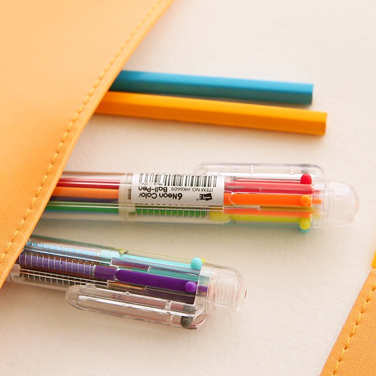Creative Cute Cartoon Multi-Color Ballpoint Pen Multifunctional Press Color Personalized Oil Pen Stationery 6-Color Pen