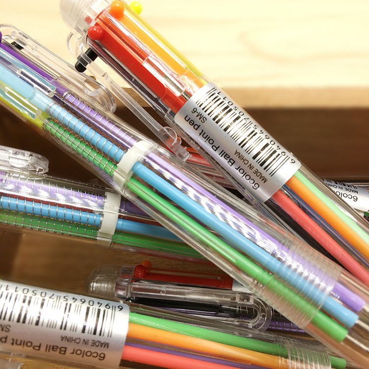 Creative Cute Cartoon Multi-Color Ballpoint Pen Multifunctional Press Color Personalized Oil Pen Stationery 6-Color Pen