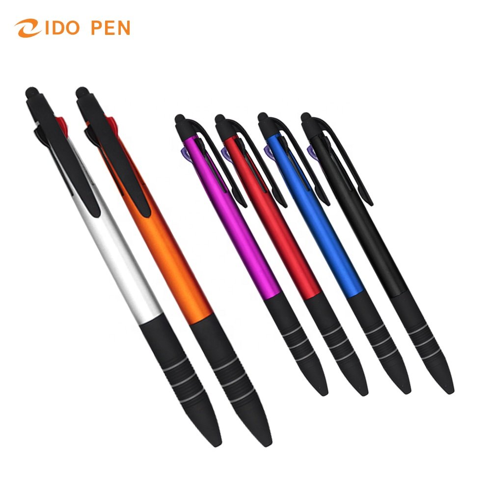 hot selling 3 ring 3 ink in 1 pen black blue red multi color ballpoint pen with stylus for gift custom logo pen