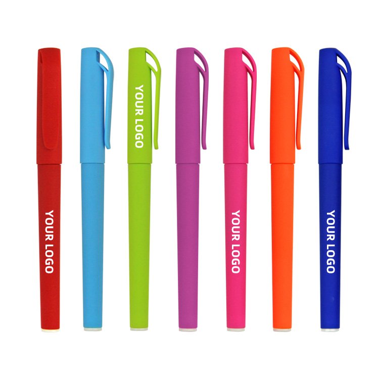 Wholesale Custom logo promotional colorful big clip plastic twist mechanism ball pen with soft coated rubber body