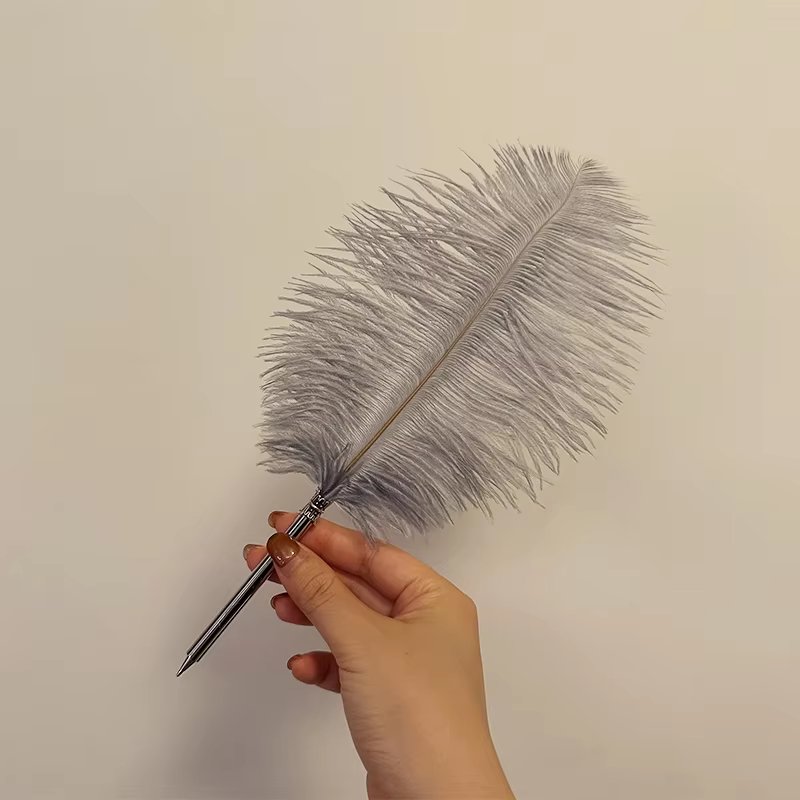 Customized Grey Color Wedding Pen Black Ink Signature Ostrich Feather Quill Ballpoint Pen