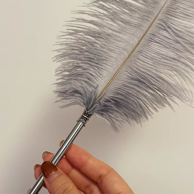 Customized Grey Color Wedding Pen Black Ink Signature Ostrich Feather Quill Ballpoint Pen